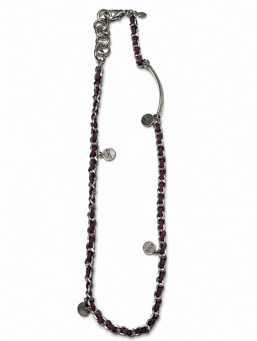 Hope Silver Tone Purple Leather Chain Necklace Crystal Bar Adjustable 18-20”